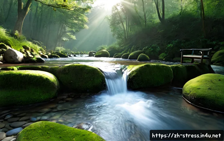 스트레스 해소를 위한 자연 소리 듣기 - Photorealistic tranquil forest stream in early morning, clear water flowing over smooth moss-covered...
