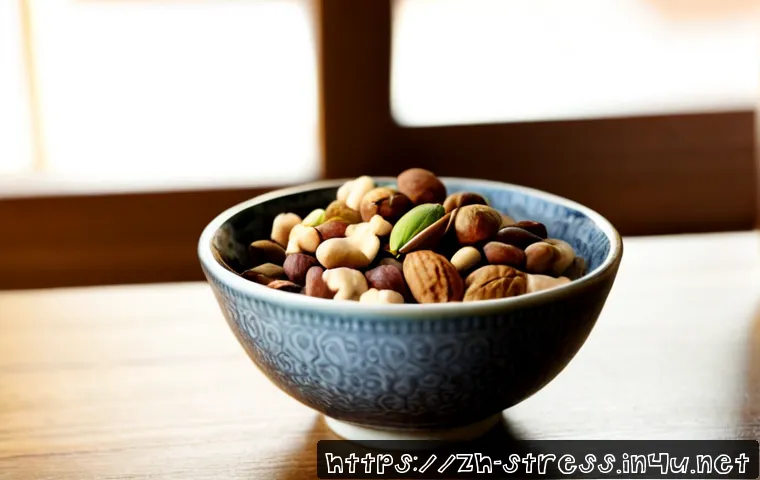 스트레스 해소에 좋은 음식   견과류 - Photorealistic close-up of a small ceramic bowl filled with mixed walnuts, almonds, cashews, and pis...